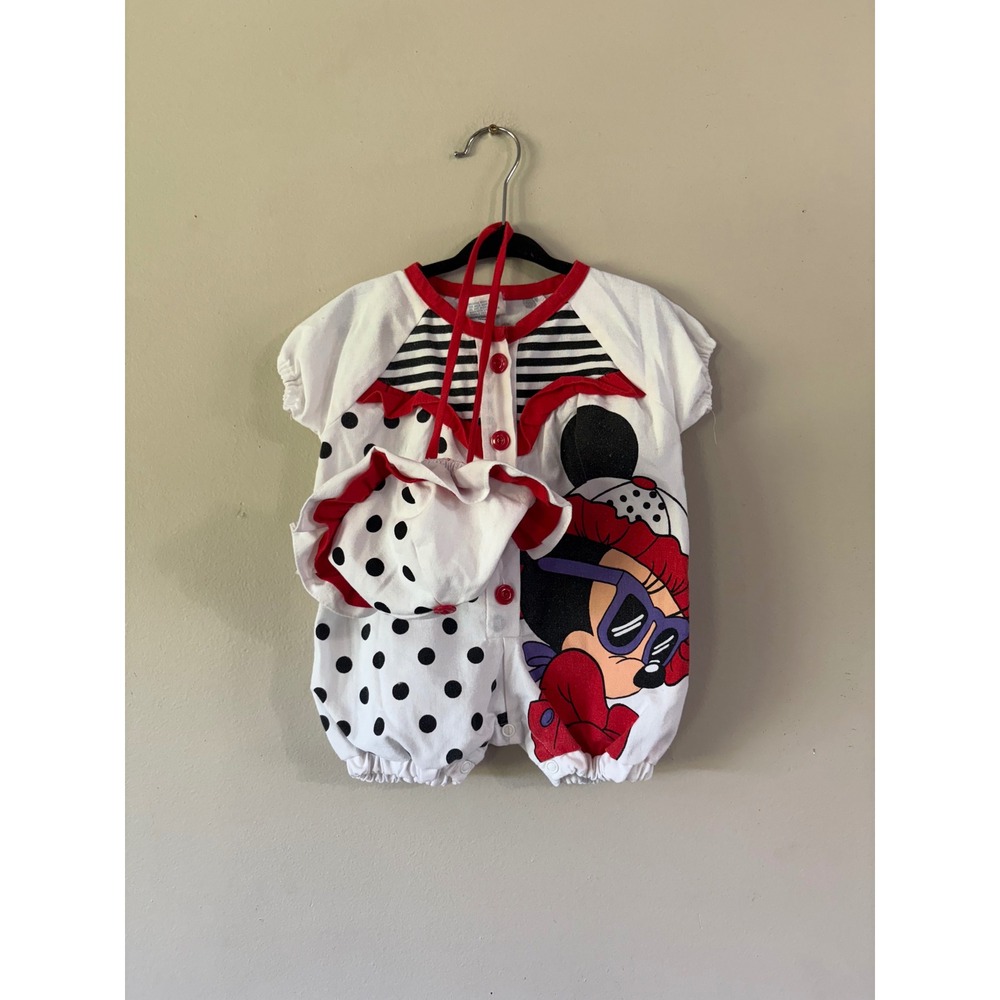 Vintage 1984 Disney Babies Minnie Mouse Romper and Hat Set‎ 0-6 Months Polka Dot